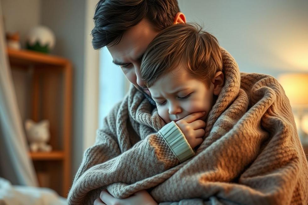 Adulto cuidando de criança que está tossindo, ambos embalados por um cobertor em ambiente acolhedor.