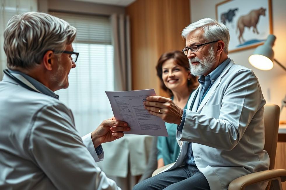 Adultos na faixa dos 45 anos em consulta médica sobre resultados do exame de colonoscopia