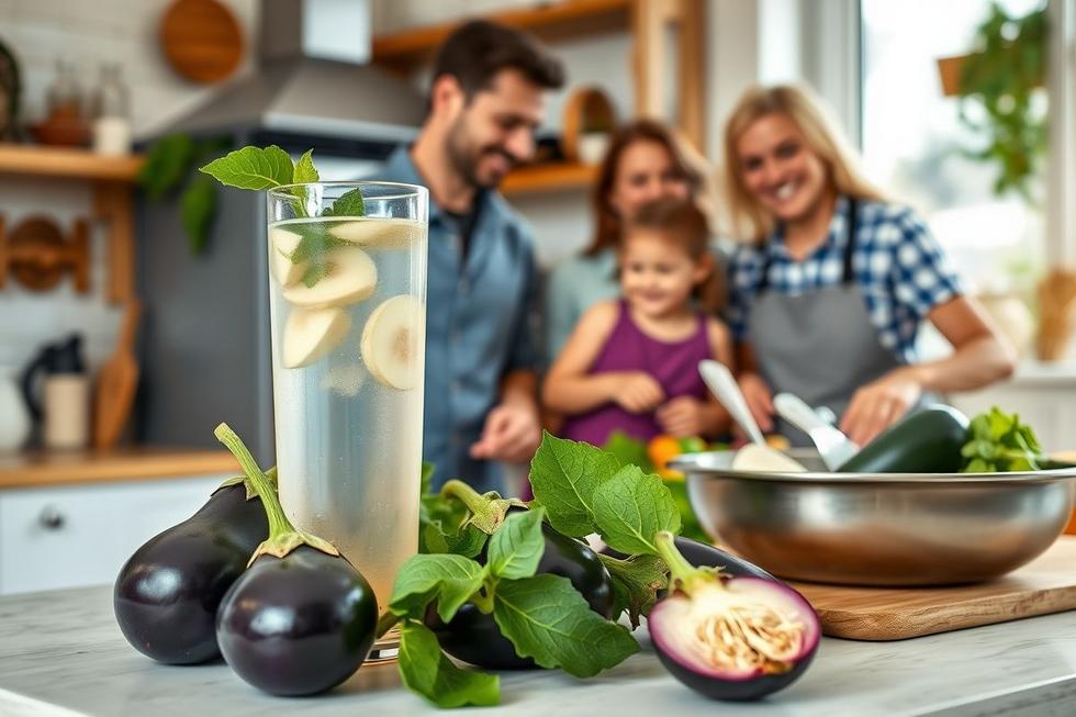 Imagem de uma família na cozinha preparando água de berinjela, transmitindo cuidado natural com a saúde dos filhos.