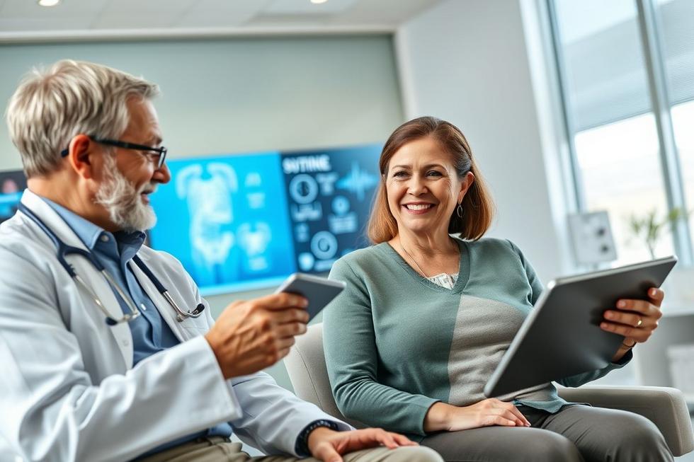 Casal de meia idade em consulta médica recebendo orientações sobre colonoscopia, com equipamentos modernos ao fundo.