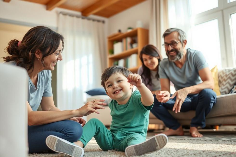 Criança com paralisia cerebral brincando com família e terapeutas em ambiente acolhedor.