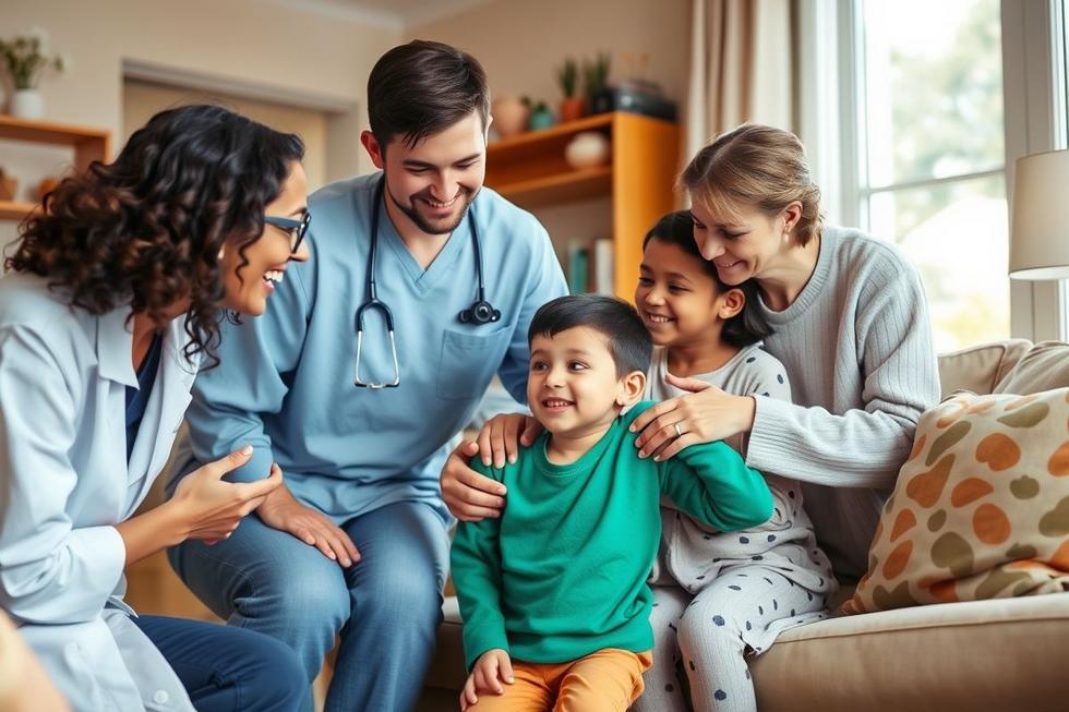 Família junto a profissionais de saúde e educadores, demonstrando apoio e cuidado a criança com paralisia cerebral.
