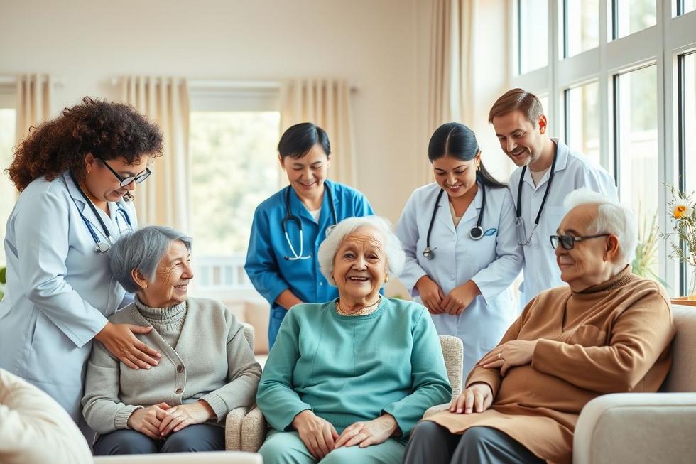 Equipe multidisciplinar cuidando de idosos com demência em ambiente sereno e colaborativo.