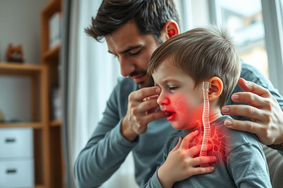 Adulto confortando criança com tosse produtiva e catarro, com detalhamento do sistema respiratório.