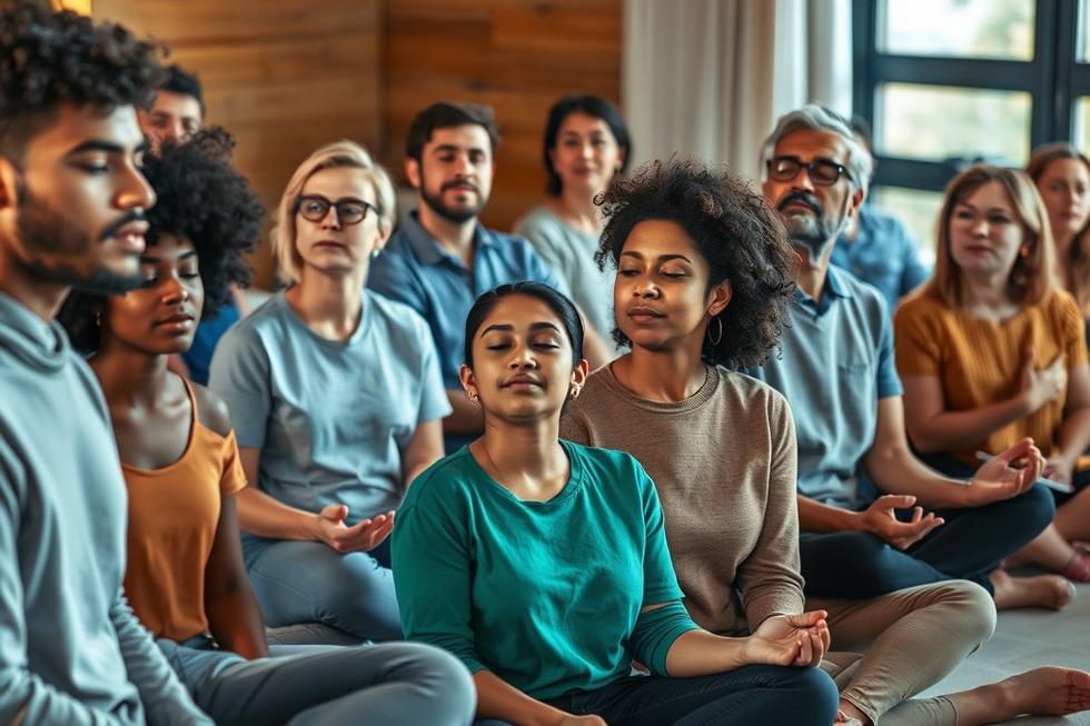 Grupo diverso de pessoas praticando técnicas para controlar a ansiedade em ambiente tranquilo.