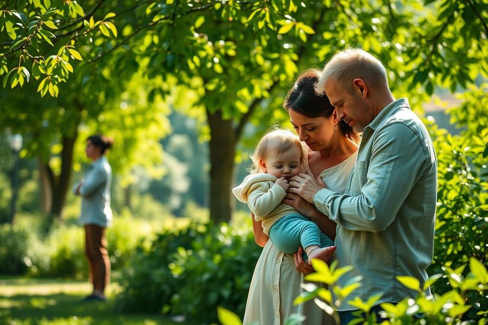 Cena realista de pais confortando criança com tosse e adulto respirando fundo ao ar livre, enfatizando cuidados com tosse com catarro.