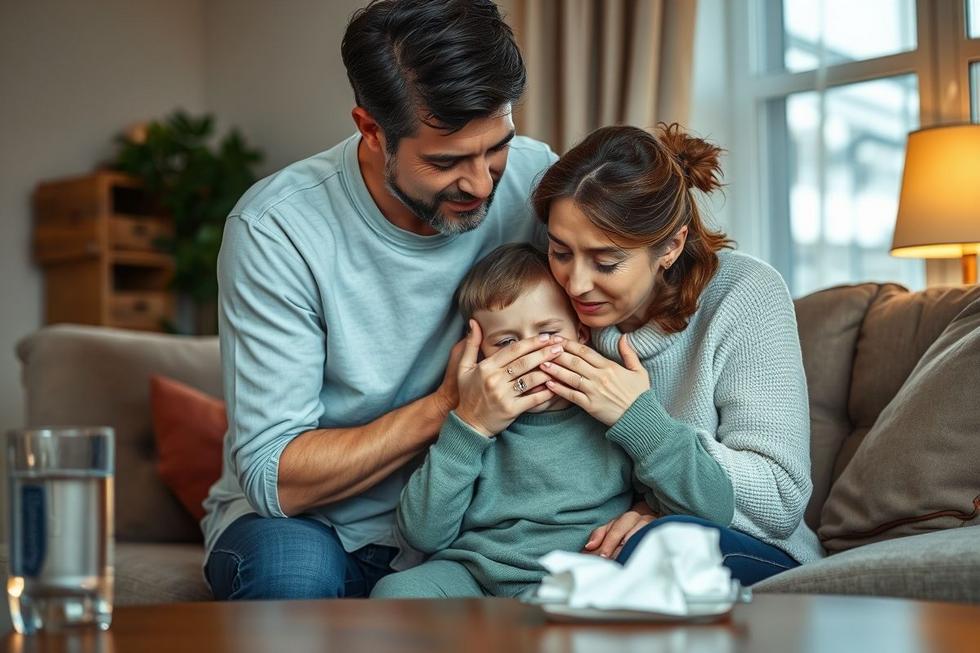 Homem adulto e mãe cuidando de criança com tosse e catarro em ambiente doméstico.