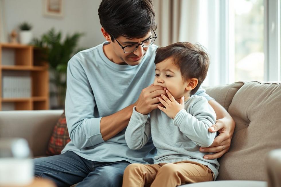 Adulto e criança sentados juntos olhando com preocupação, representando tosse com catarro persistente.