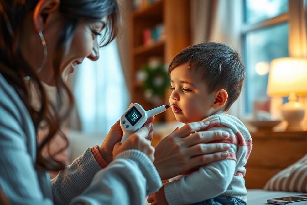 Pai atento medindo os sinais vitais da criança usando aparelho médico em ambiente acolhedor.
