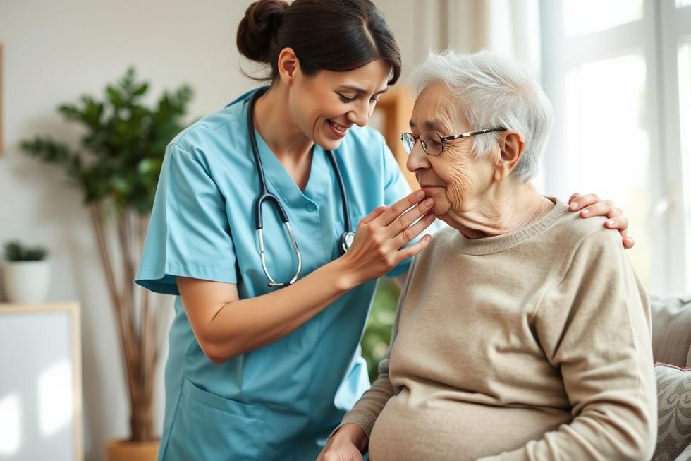 Cuidador ajudando idoso com sinais de demência em ambiente caseiro acolhedor