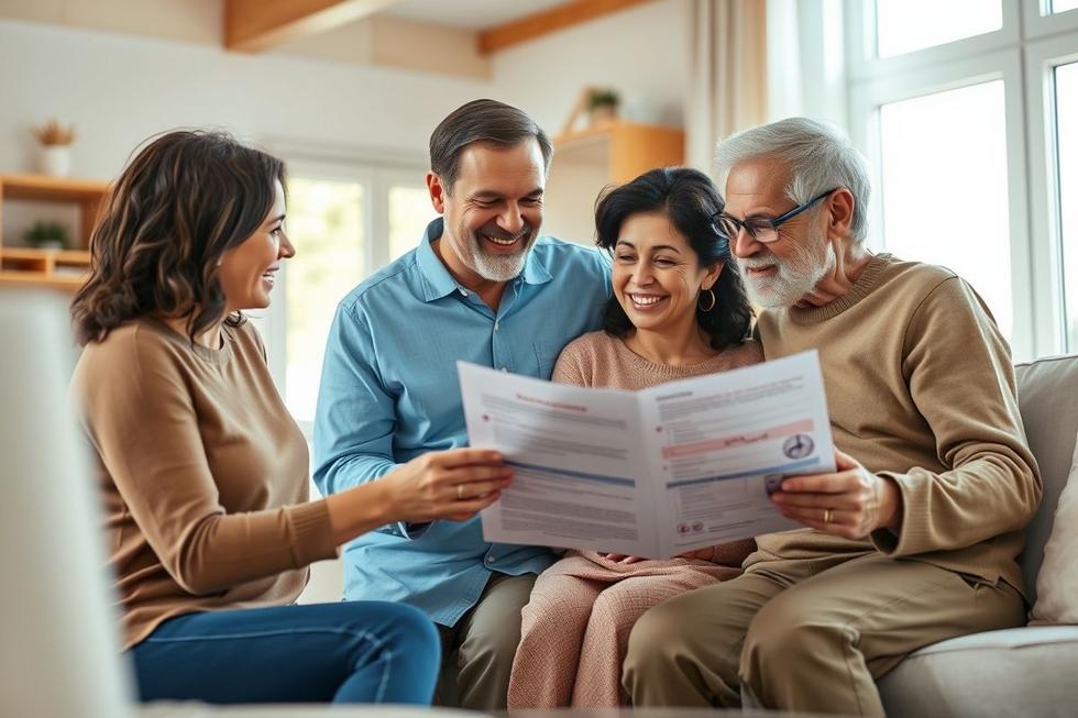 Família reunida em sala clara discutindo resultados de exame gastrointestinal e cuidados.