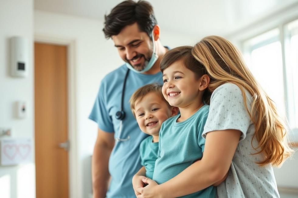 Família cuidando de criança em ambiente médico, representando apoio para síndrome nefrótica.