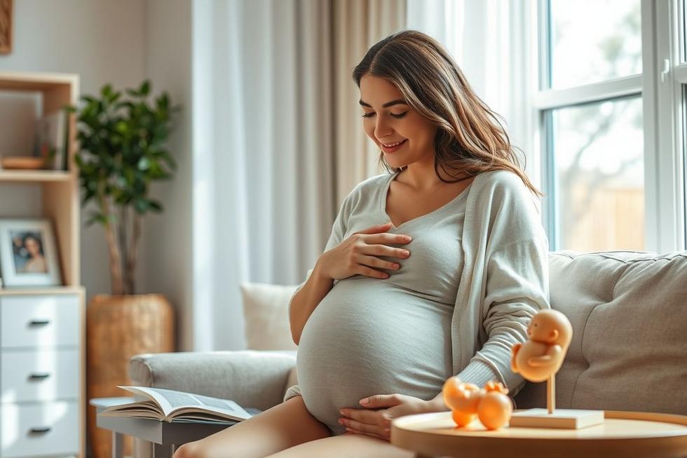Mulher grávida tocando a barriga em um ambiente calmo e confortável, simbolizando cuidado durante a gestação.