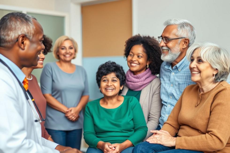 Grupo de pessoas com hipertensão arterial em consulta médica, representando cuidado e orientação profissional.