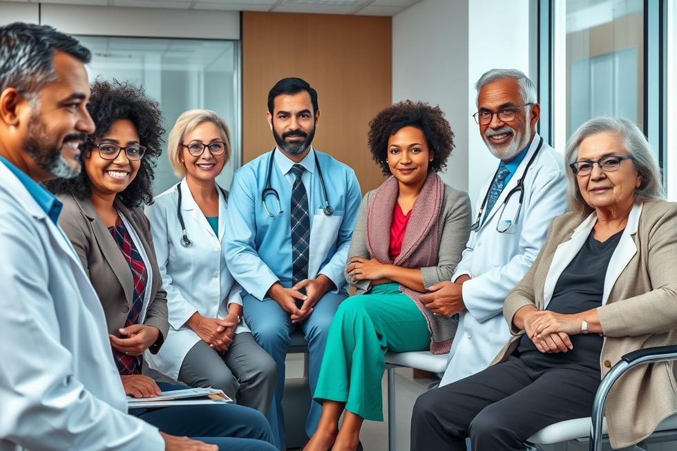 Diversos pacientes em consultas médicas com especialistas em hipertensão arterial em ambiente clínico.