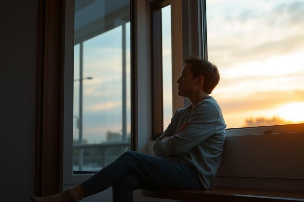 Pessoa sentada calmamente próxima a uma janela olhando para o pôr do sol, simbolizando esperança.