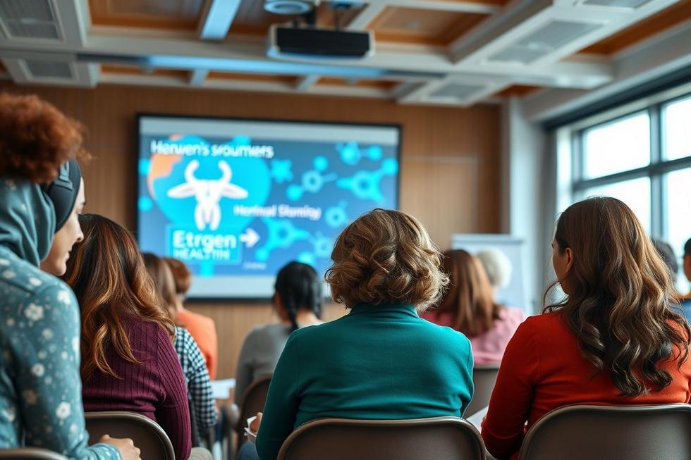 Mulheres diversas participando de uma palestra sobre estrogênio e saúde feminina, com imagens educativas ao fundo.
