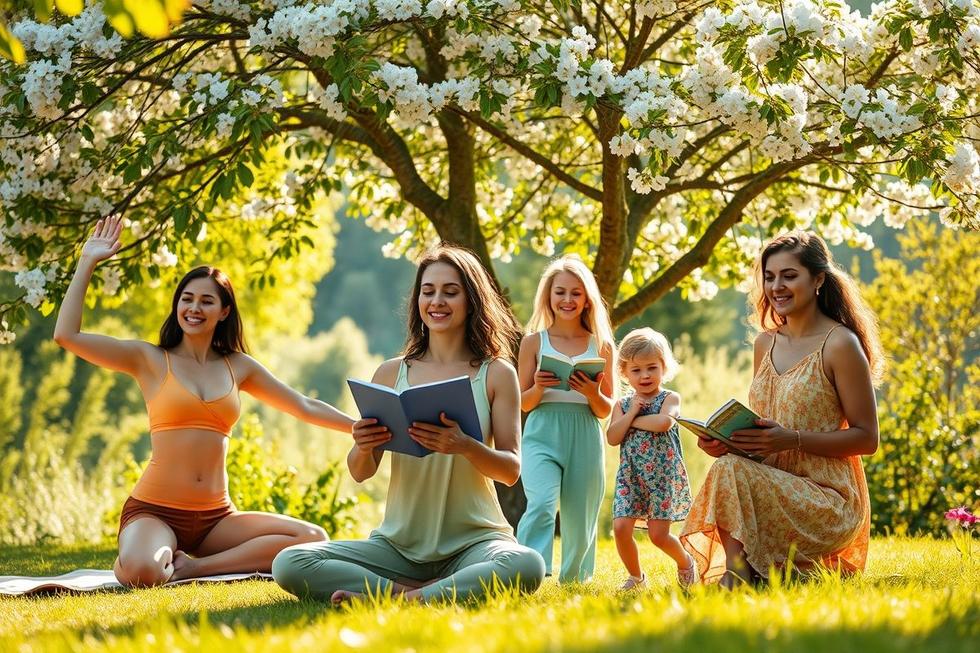 Grupo diverso de mulheres em idade fértil com aparência saudável e confiante, simbolizando equilíbrio hormonal.