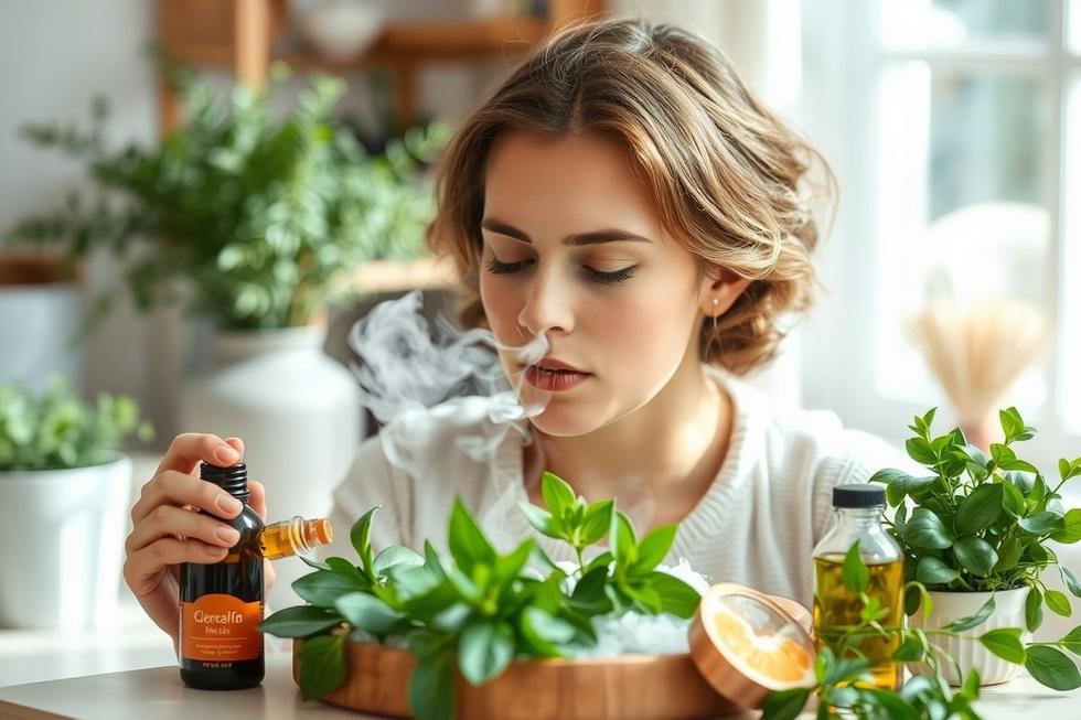 Pessoa inalando vapor com óleos essenciais e ervas em ambiente doméstico, tratando sinusite.