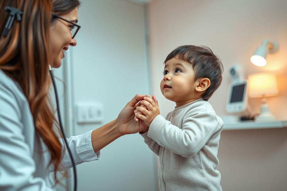 Pai segurando a mão da criança durante consulta médica para verificação da pressão arterial.
