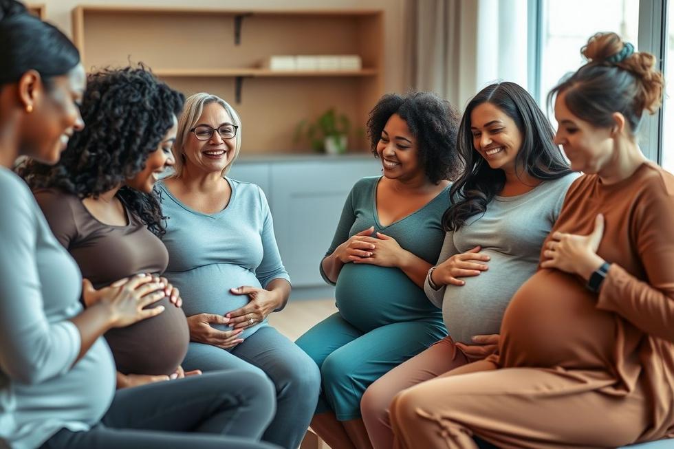 Mulheres grávidas sentadas juntas, sorrindo e apoiadas, representando solidariedade durante a gestação.
