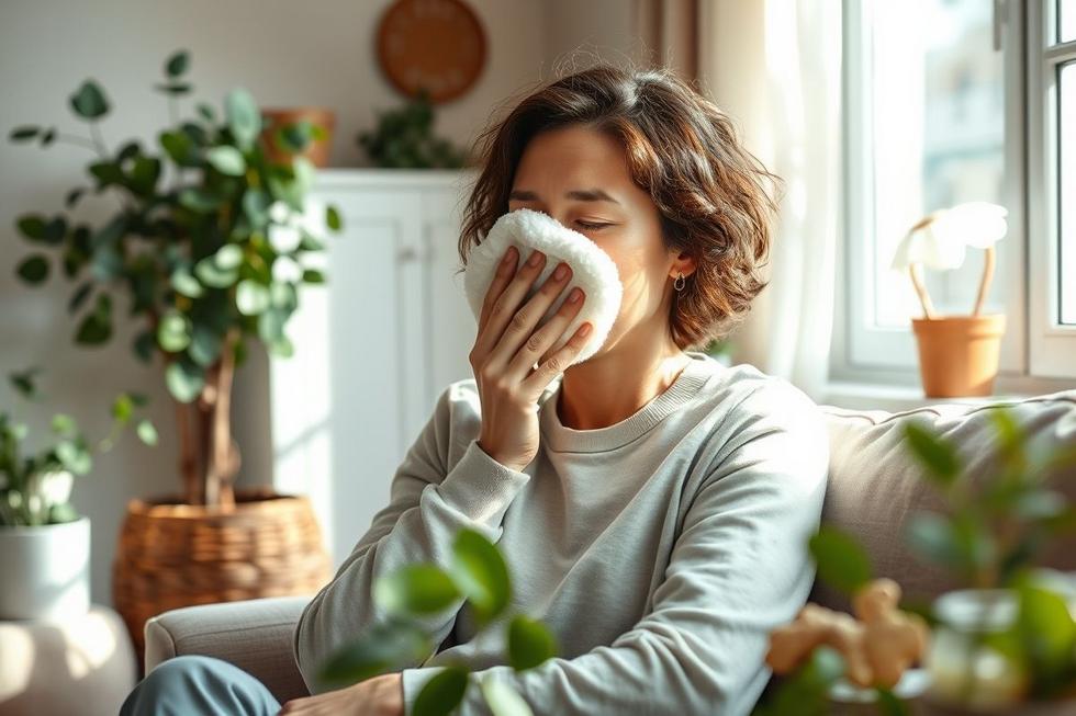 Pessoa aplicando compressa quente no rosto em ambiente tranquilo com plantas medicinais ao redor.