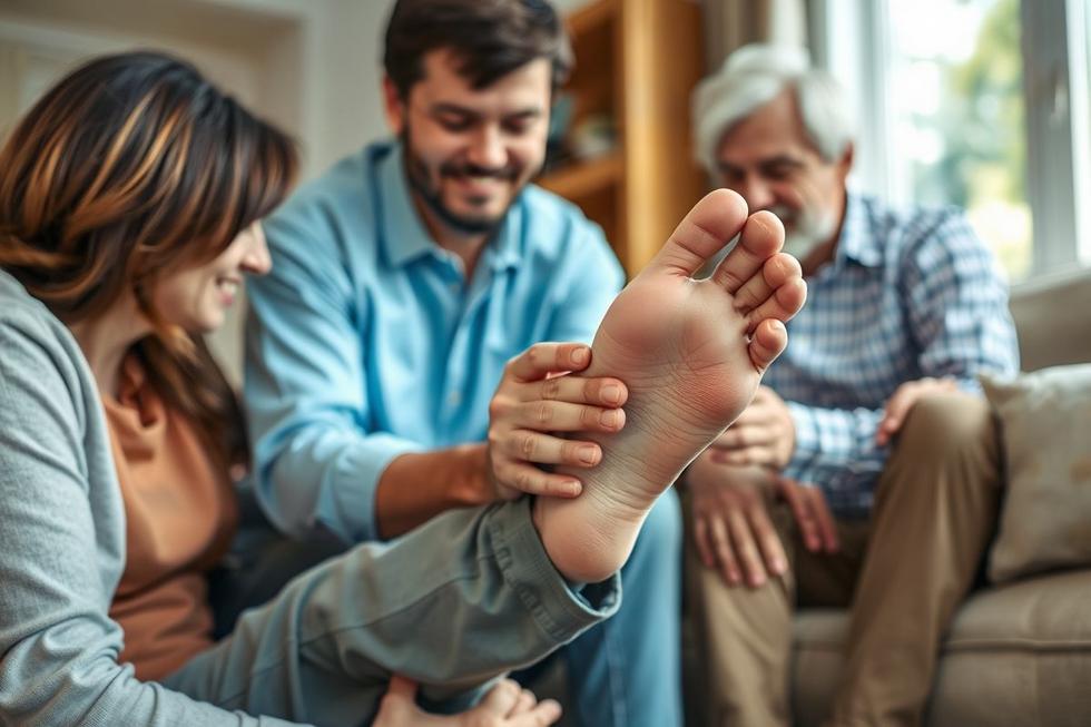 Pessoa segurando o pé com lesão de olho de peixe recebendo cuidado e apoio familiar em casa.