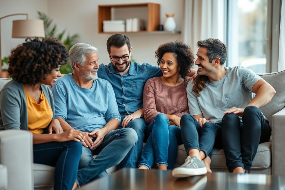 Grupo de jovens e familiares reunidos, demonstrando apoio emocional e compreensão nas crises de ansiedade.