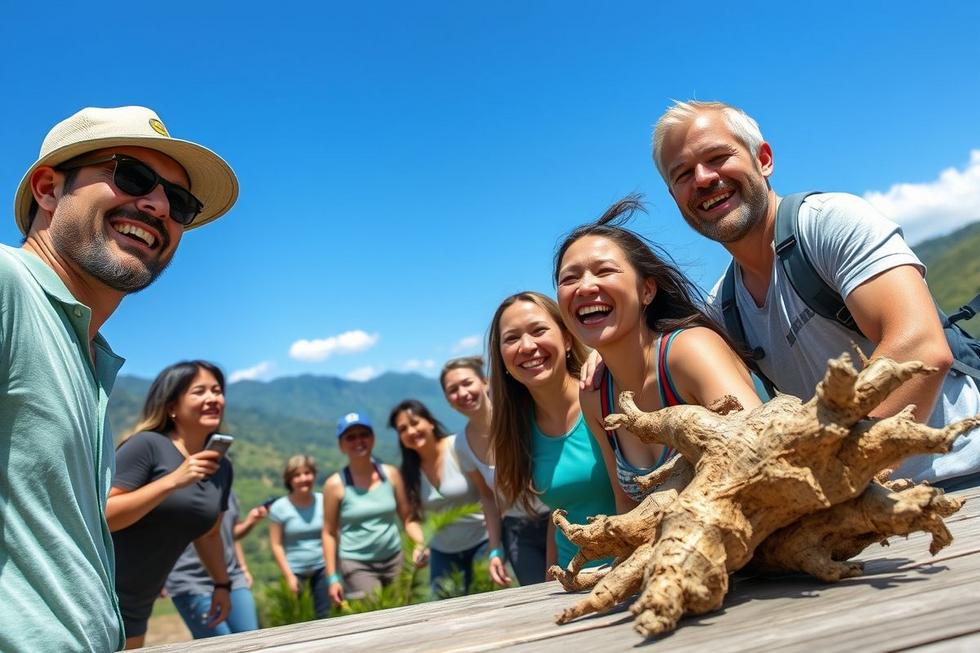 Grupo de adultos sorridentes e energizados ao ar livre com raízes de maca peruana em destaque.