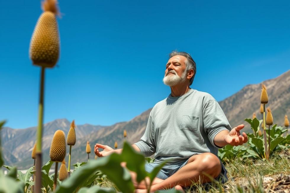 Adulto meditando em paisagem montanhosa andina com plantas de maca ao redor, representando saúde e bem-estar.