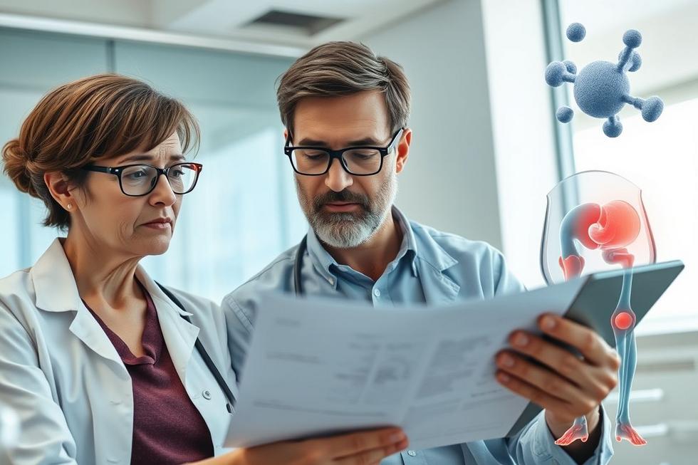 Adultos de meia-idade preocupados e atentos com exames de ácido úrico em ambiente clínico.