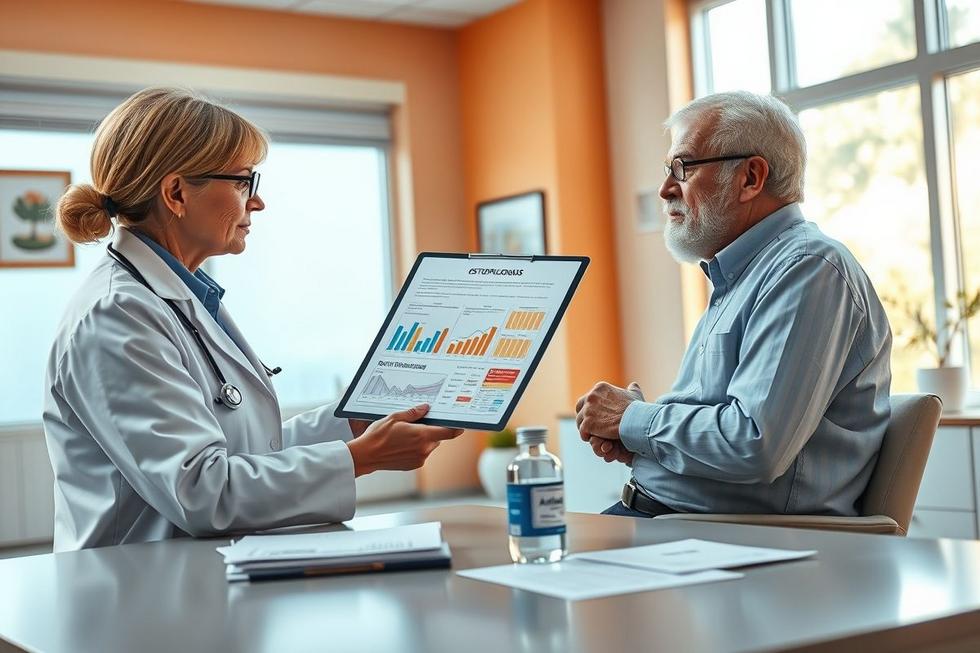 Profissional de saúde explicando tratamento de osteoporose com Aclasta para paciente madura em consultório.