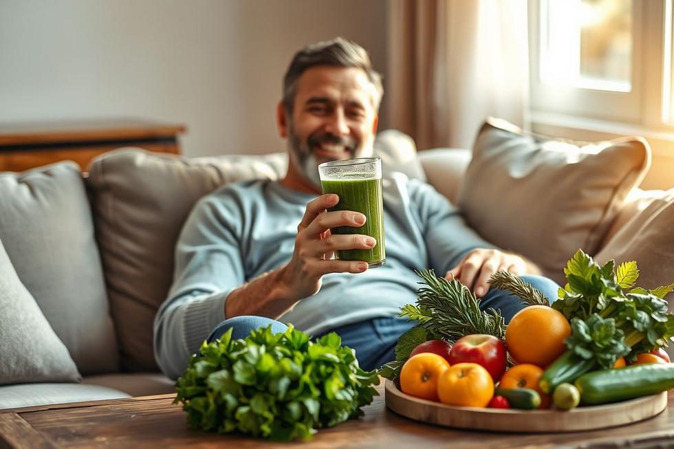 Adulto segurando um copo com suco verde natural, rodeado por frutas e legumes frescos, simbolizando alívio natural para o intestino preso.
