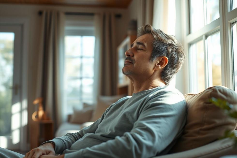Pessoa adulta fechando os olhos sentindo alívio de dor de cabeça em ambiente interno tranquilo.