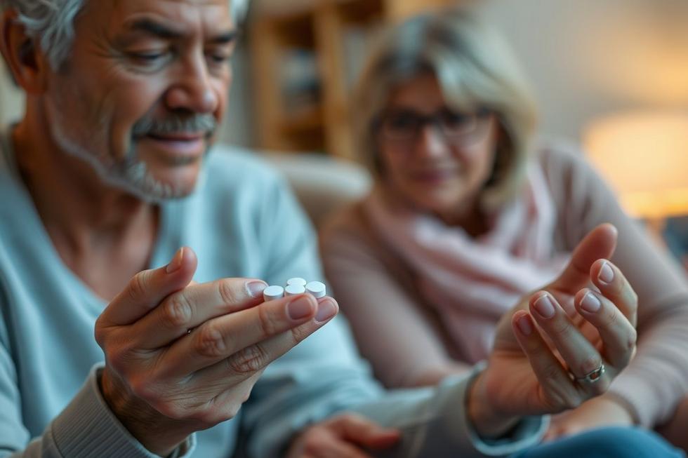 Mãos de adulto segurando comprimidos de Alprazolam com familiar ao lado demonstrando apoio e cuidado.