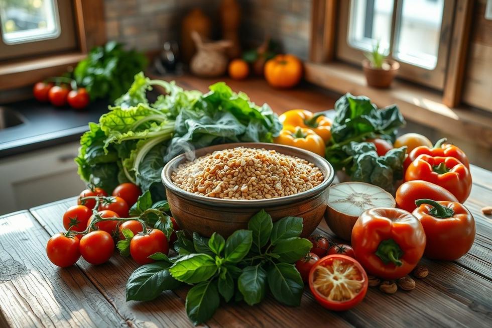 Tigela de amaranto cozido com legumes frescos em mesa de madeira, transmitindo alimentação saudável.