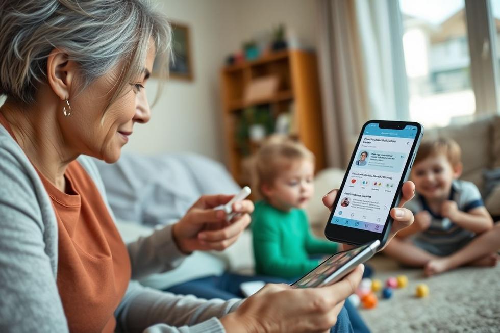Adulto consultando informações do medicamento Apracur em casa perto de crianças, ilustrando cuidado informado.