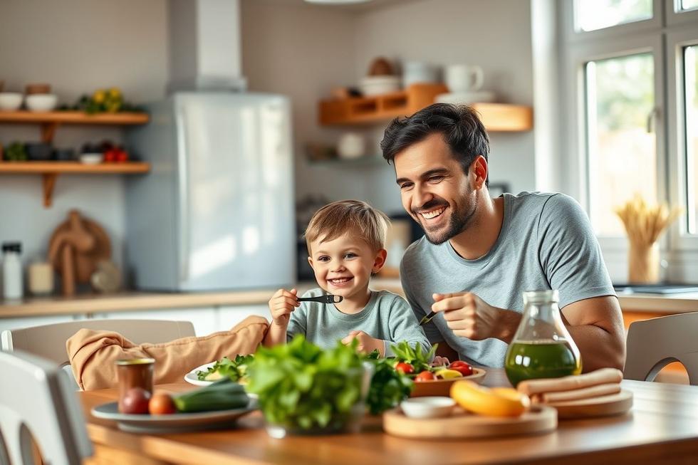 Adulto e pais com criança em ambiente saudável, focados em prevenção da azia.