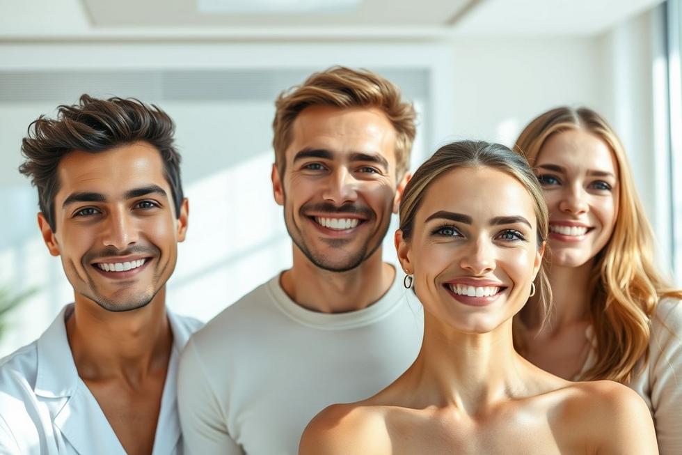 Imagem mostrando homens e mulheres com pele rejuvenescida e sorriso confiante após tratamento com Botox