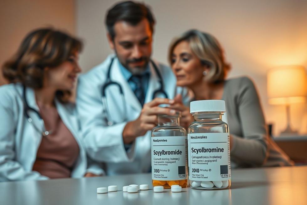 Médico conversando com paciente ao lado de frasco com comprimidos de butilbrometo de escopolamina.