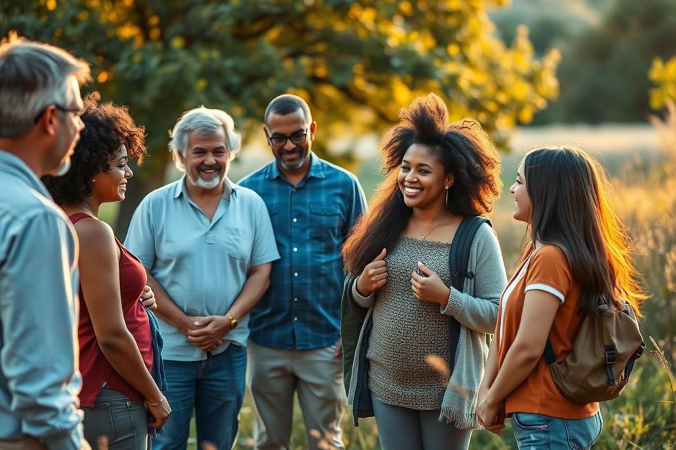 Grupo diverso de pessoas em ambiente calmo ao ar livre, expressando esperança e controle da ansiedade.