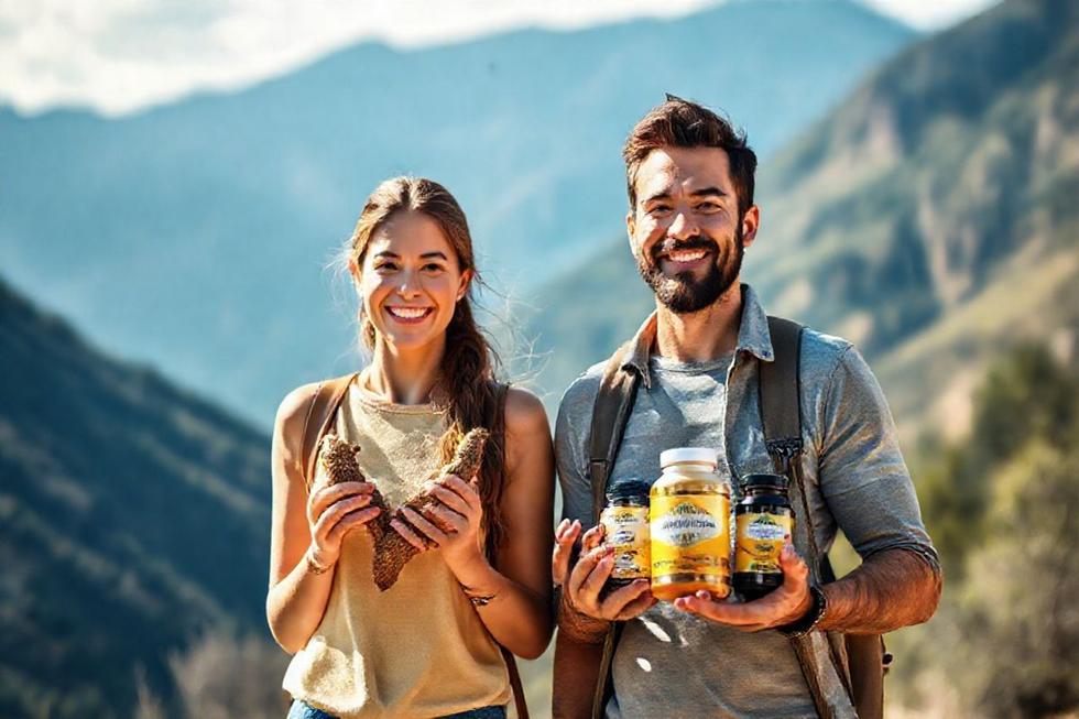 Adultos buscando saúde e bem-estar com maca peruana em um cenário natural nos Andes.