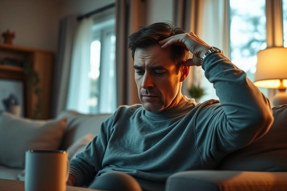 Pessoa adulta com expressão de dor segurando a testa, em ambiente doméstico e iluminado suavemente, representando dor de cabeça constante.
