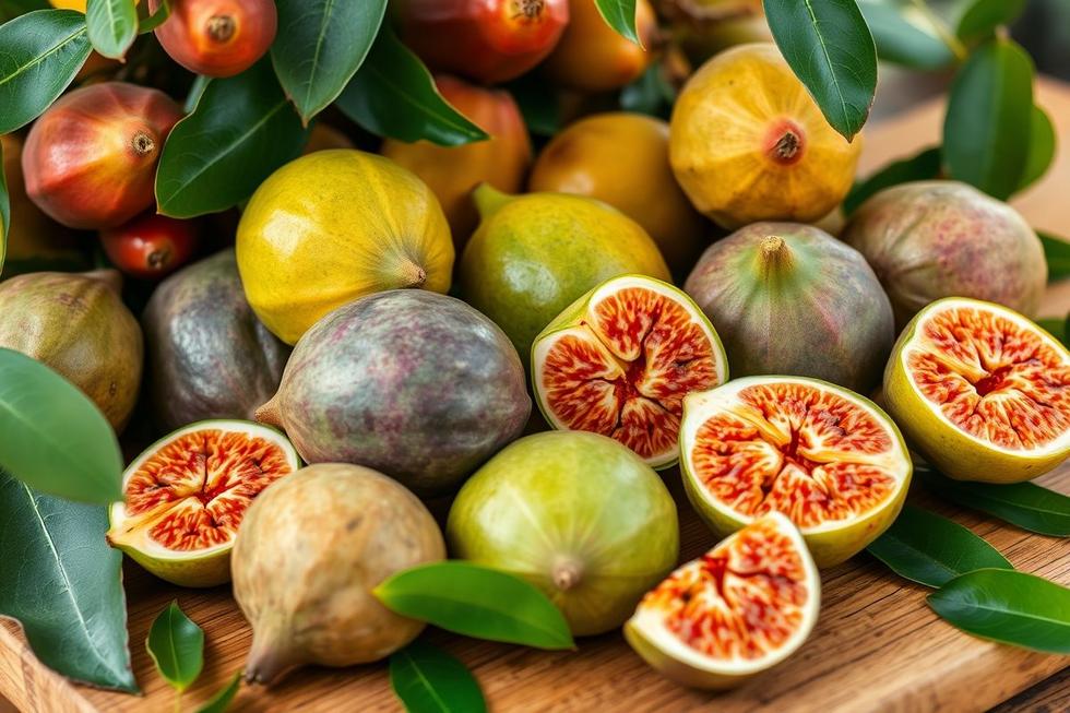 Figos-da-índia frescos e cortados exibindo sua cor vibrante sobre mesa de madeira.