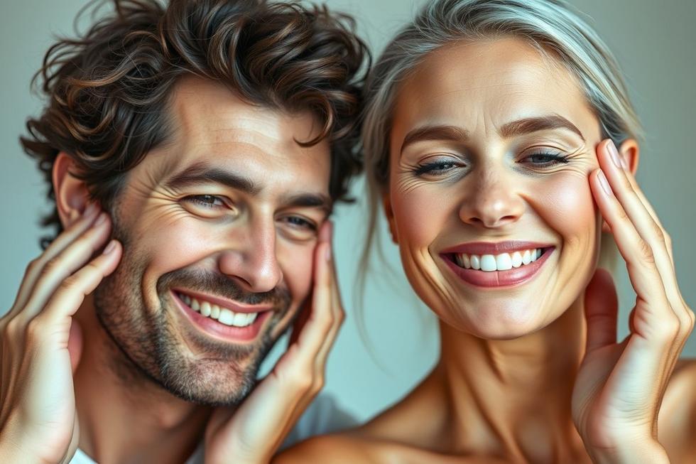 Homem e mulher adultos sorrindo e tocando o rosto com pele firme e saudável.