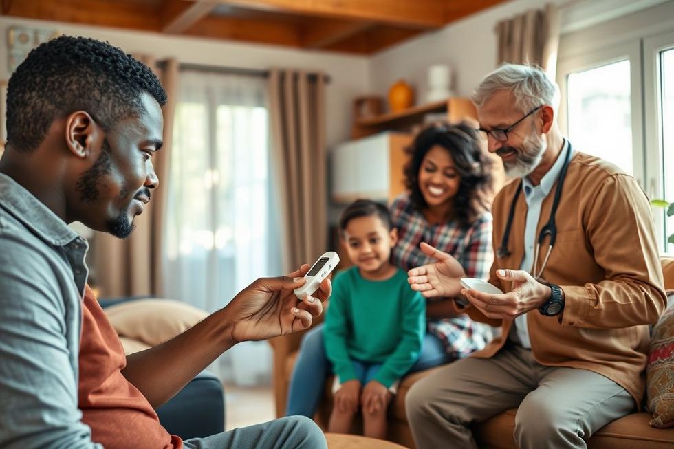 Diversas pessoas utilizando glicosímetro em ambiente acolhedor e familiar.