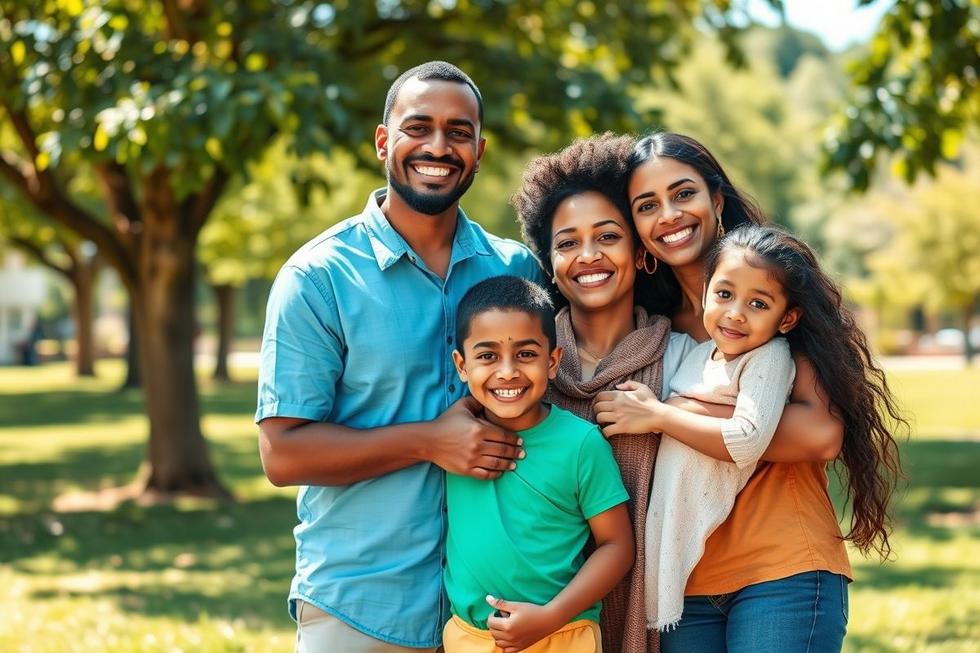 Família sorridente reunida ao ar livre, simbolizando saúde e prevenção do sarampo.