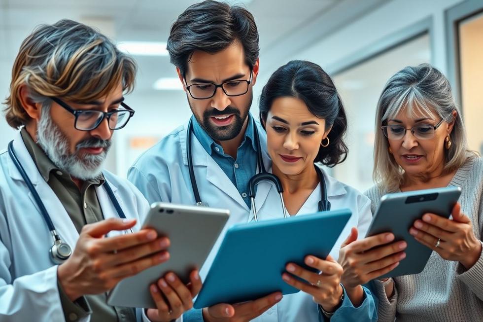 Homens e mulheres atentos lendo informações sobre Síndrome de Fournier em dispositivos digitais