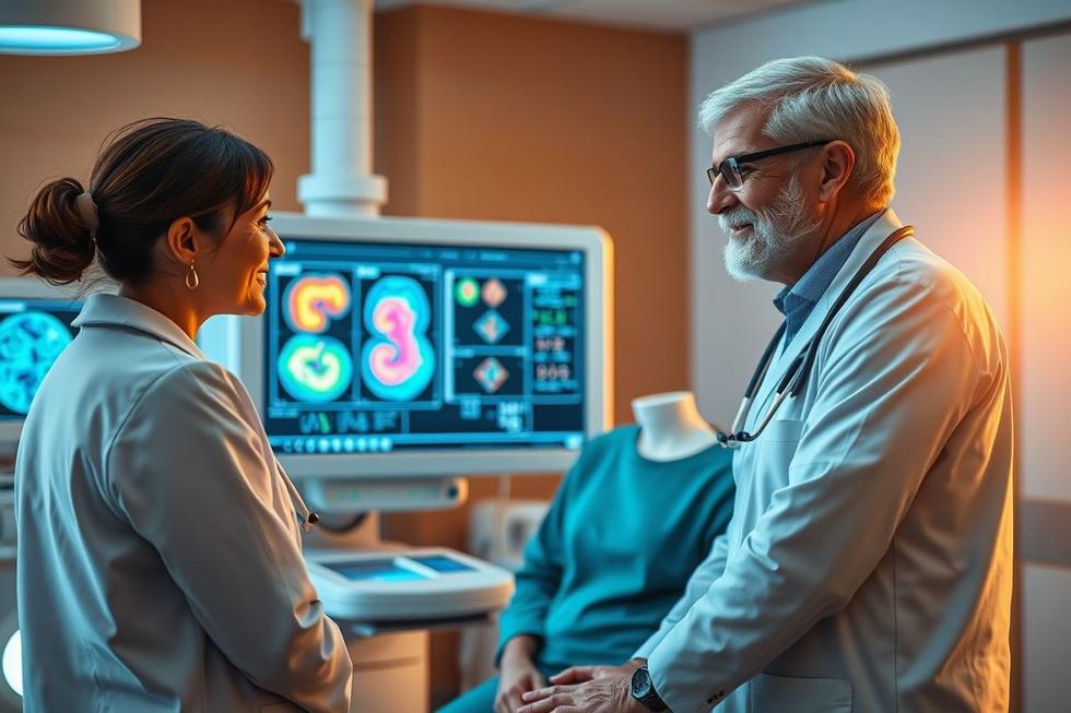 Paciente e médico em ambiente clínico com imagens de diagnóstico molecular e tratamento avançado.