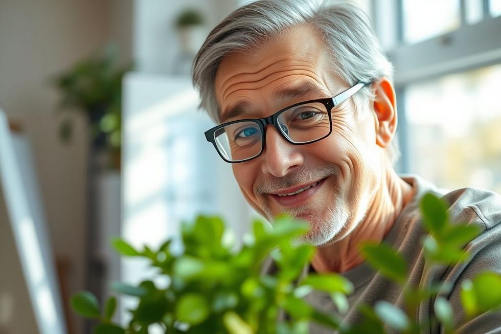 Pessoa adulta usando óculos com expressão relaxada, representando alívio da vista cansada.